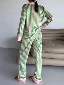 Women's Striped  Polka Dot Satin Pajama Set - Long Sleeve Button-Down Top With Wide-Leg Pants - Chic Mixed Print Loungewear - màu xanh lá - Xem 5