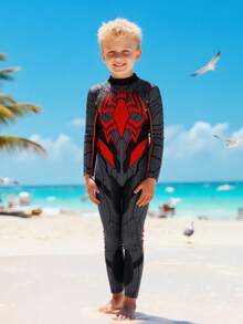 1件装幼儿男童卡通印花长袖长裤拉链连体泳衣