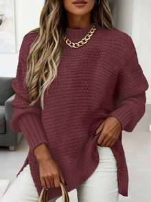 新款女式休闲简约时尚针织毛衣单色长袖上衣毛衣 - 酒紅色 - 查看 1