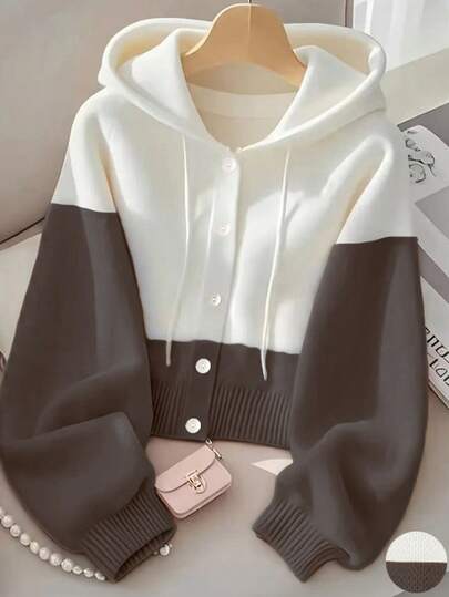 كارديجان كنزة صوفية محبوكة بغطاء رأس أكمام طويلة بألوان متباينة للنساء، كاجوال