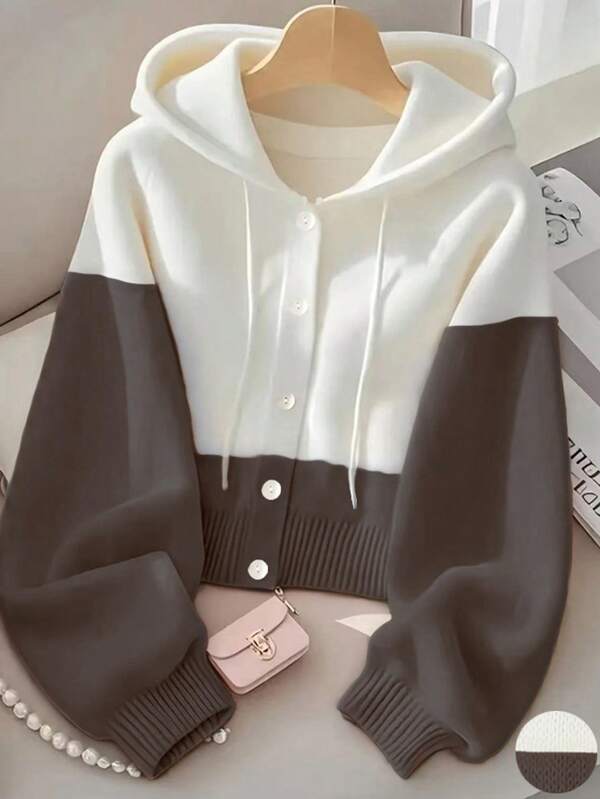 كارديجان كنزة صوفية محبوكة بغطاء رأس أكمام طويلة بألوان متباينة للنساء، كاجوال