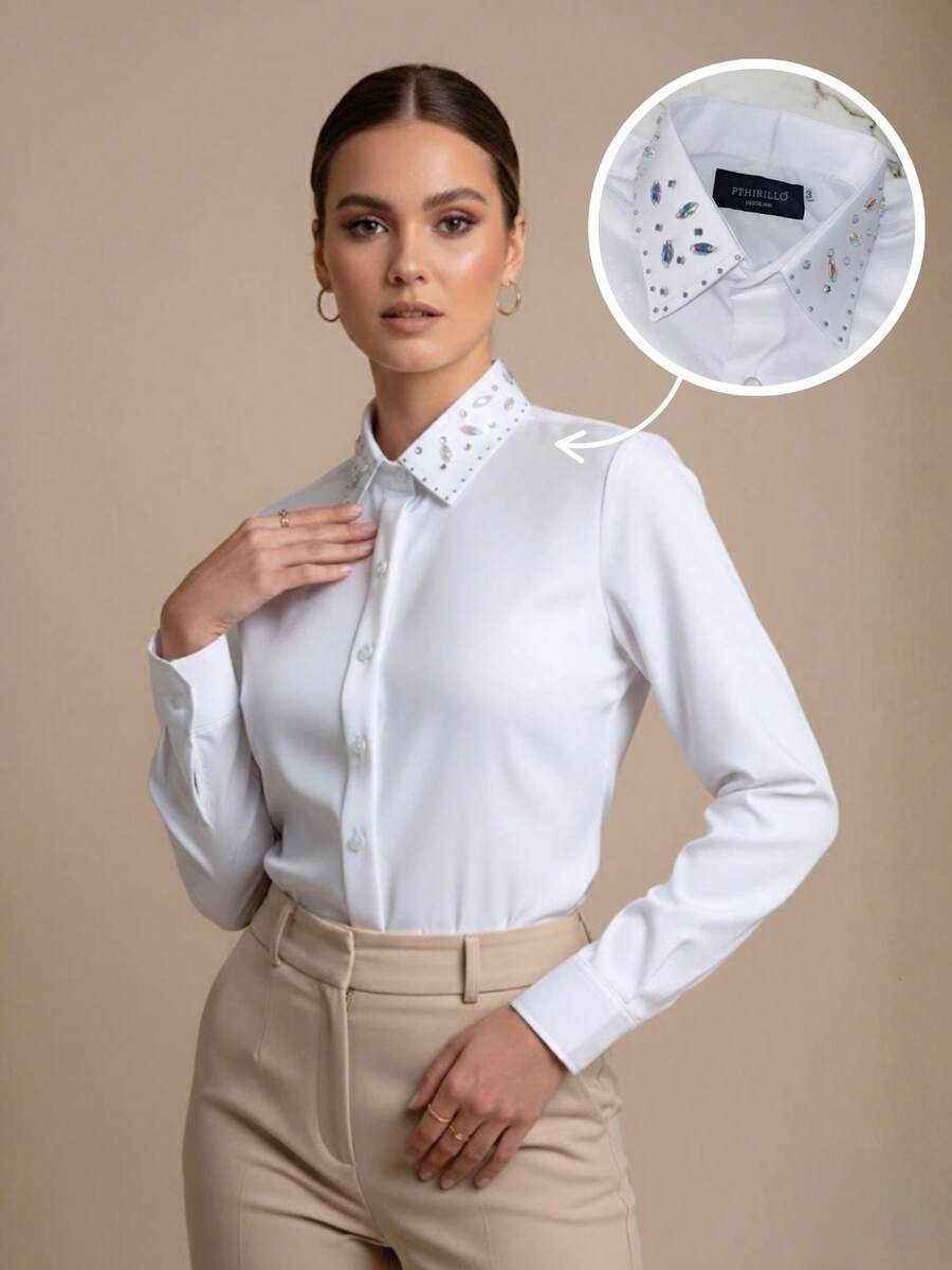 Women's Dress Shirt With Rhinestone Collar | Long-Sleeved Blouse In Plain Fabric With Rhinestone-Decorated Collar - 白色 - 查看 1