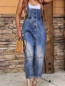 Street Style Women's Denim Overalls, Solid Color Denim Cropped Pants, Mid Waist Non Elastic, Casual And Versatile, Youthful Looking, Suitable For All Seasons, Paired With Multiple Button Decorations, Retro Casual, Suitable For Back To School Season, Commuting, Going Out, Vacation, Lazy Style, Retro Parties, Gatherings, Banquets - Dark Wash - View 3