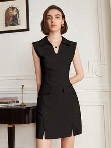 女士优雅纯色无袖派对连衣裙，黑色 - 黑色 - 查看 1