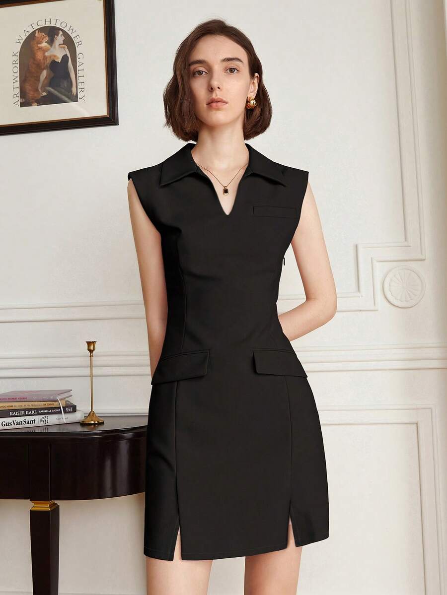 女士优雅纯色无袖派对连衣裙，黑色 - 黑色 - 查看 1