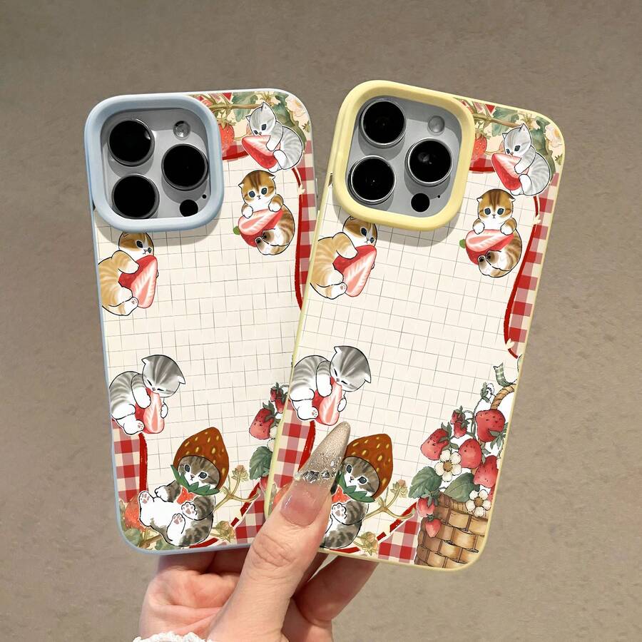 Funda para móvil con adorables gatitos y estampado de fresas. Compatible con teléfonos , 17, 16 Pro Max, 15 Pro Max, 13 y 12. Fabricada en TPU para una protección eficaz contra golpes y caídas. Un regalo perfecto para familiares, amigos, seres queridos, parejas y para Navidad. - Amarillo - Ver 1