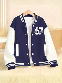Blank White Background Kids Baseball Jacket Warm Cozy Casual Outfit Christmas Halloween  Perfect Gift - 藏蓝色 - 查看 6