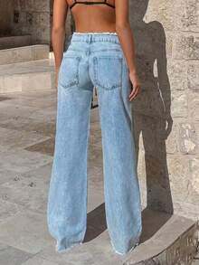 女士休闲宽松磨边腰阔腿牛仔裤，时尚显瘦，适合春秋季 - 亮藍 - 查看 2