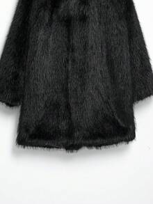 معطف نسائي فاخر بياقة مرتفعة من الفرو الاصطناعي بلون أحادي، جاكيت طويلة فضفاضة كاجوال بأكمام طويلة، ملابس خارجية دافئة سميكة للشتاء - الأسود - مشاهدة 10