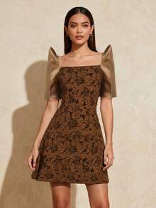 Amyenjoylife Đầm Jacquard cổ vuông tay đứng thanh lịch dành cho quý cô người Philippines hiện đại, trang phục dự tiệc - Cà phê nâu - Xem 1