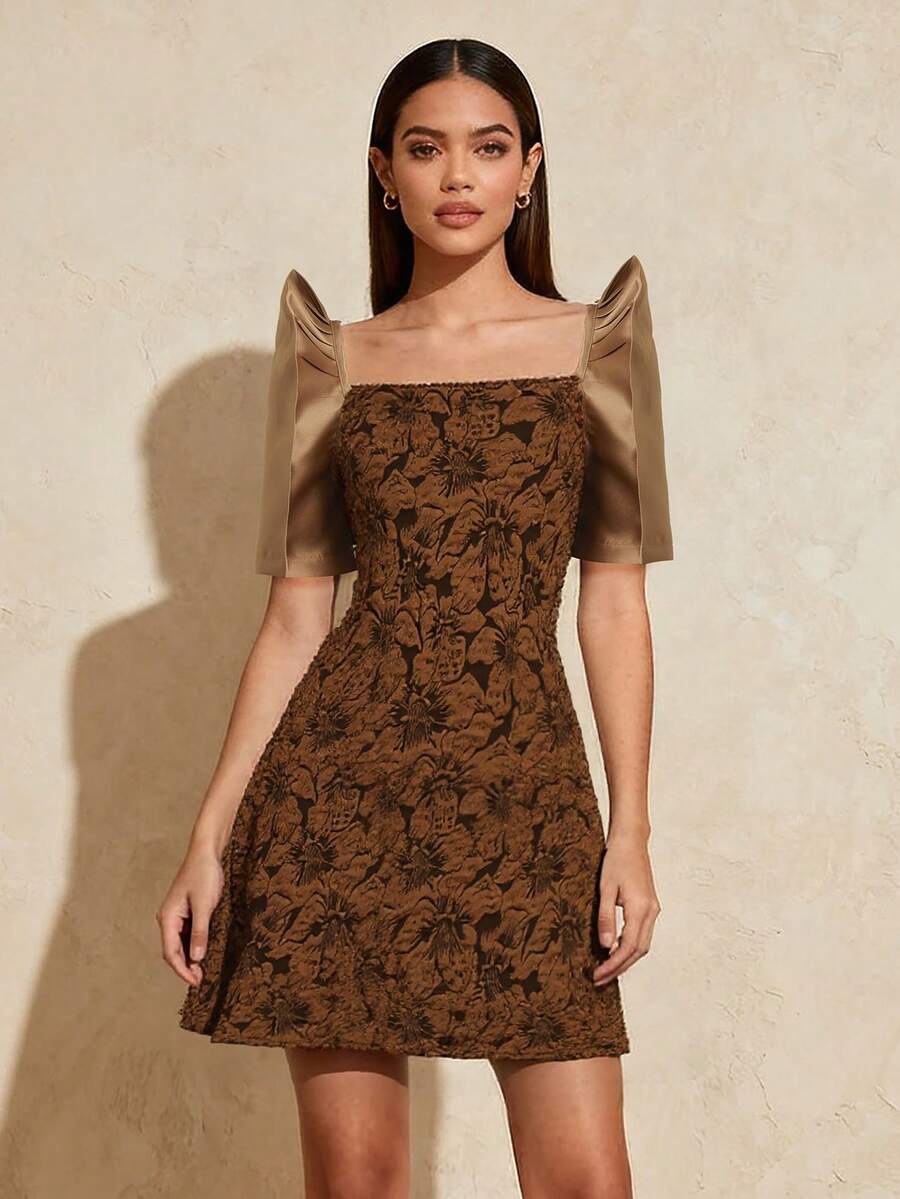 Amyenjoylife Đầm Jacquard cổ vuông tay đứng thanh lịch dành cho quý cô người Philippines hiện đại, trang phục dự tiệc - Cà phê nâu - Xem 1