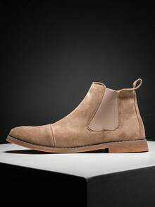 Khaki Suede Classic Chelsea Boots For Men, Minimalist & Fashionable, Comfortable Non-Slip, Slip-On Design, Retro British Style Pointed Toe Leather Boots, Essential For Autumn - Khaki - View 2