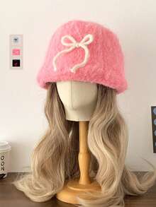 甜美蝴蝶结毛绒渔夫帽，温暖厚实的毛绒渔夫帽，带蝴蝶结装饰，适合女士秋冬季节、圣诞节和新年礼物 - 彩色 - 查看 1
