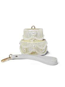 1个白色时尚亚克力蛋糕造型女士晚宴包，配有可拆卸PU腕带和可调节珍珠肩带，适合婚礼、派对、度假等场合，可作礼物。可作手拿包、斜挎包、单肩包使用。 - 白色 - 查看 4