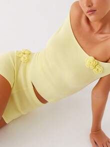 Knitted Casual Suit Women's One Neck Top Elastic Shorts 2-Piece Set Summer Set - Màu vàng - Xem 3