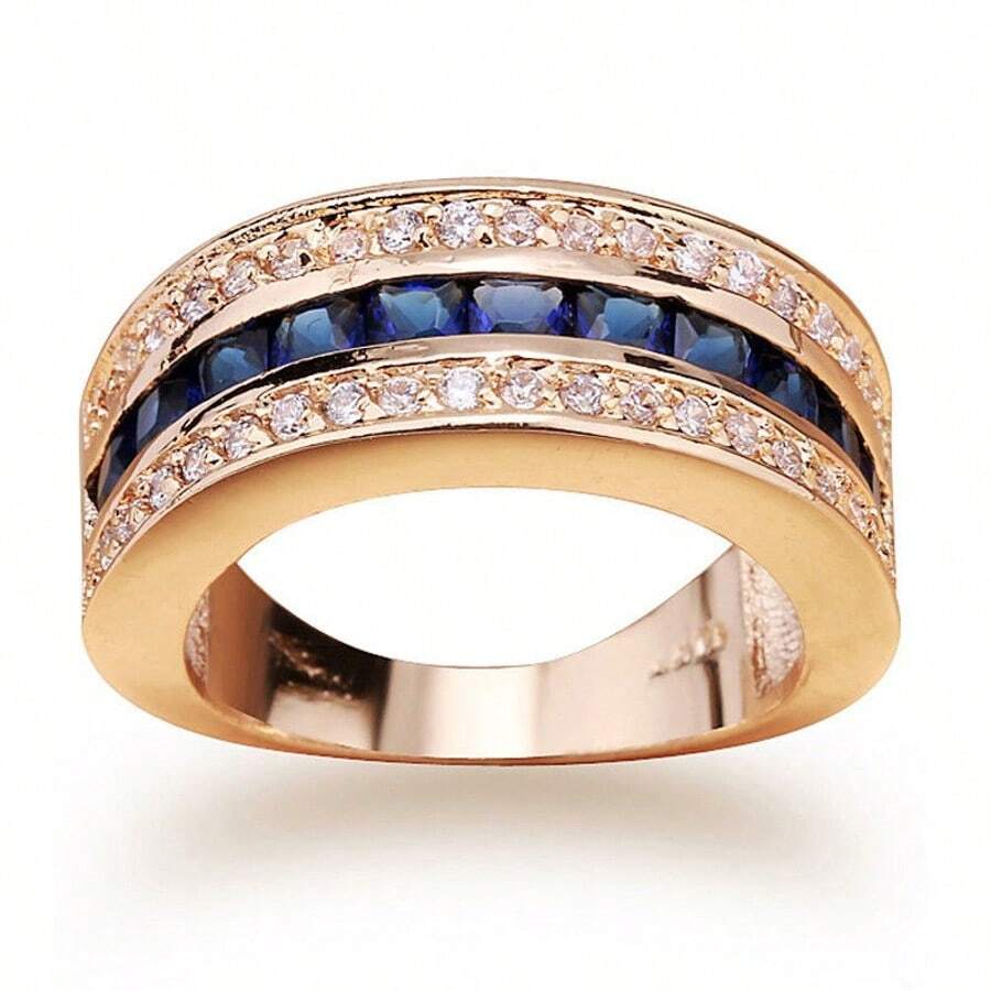 14k Gold Plated Elegant Luxury Women's Promise Ring, Inlaid With Synthetic Cubic Zirconia, Symbol Of Eternal Love, Perfect Gift For Girl's Birthday, Christmas, Anniversary - Blue - View 1