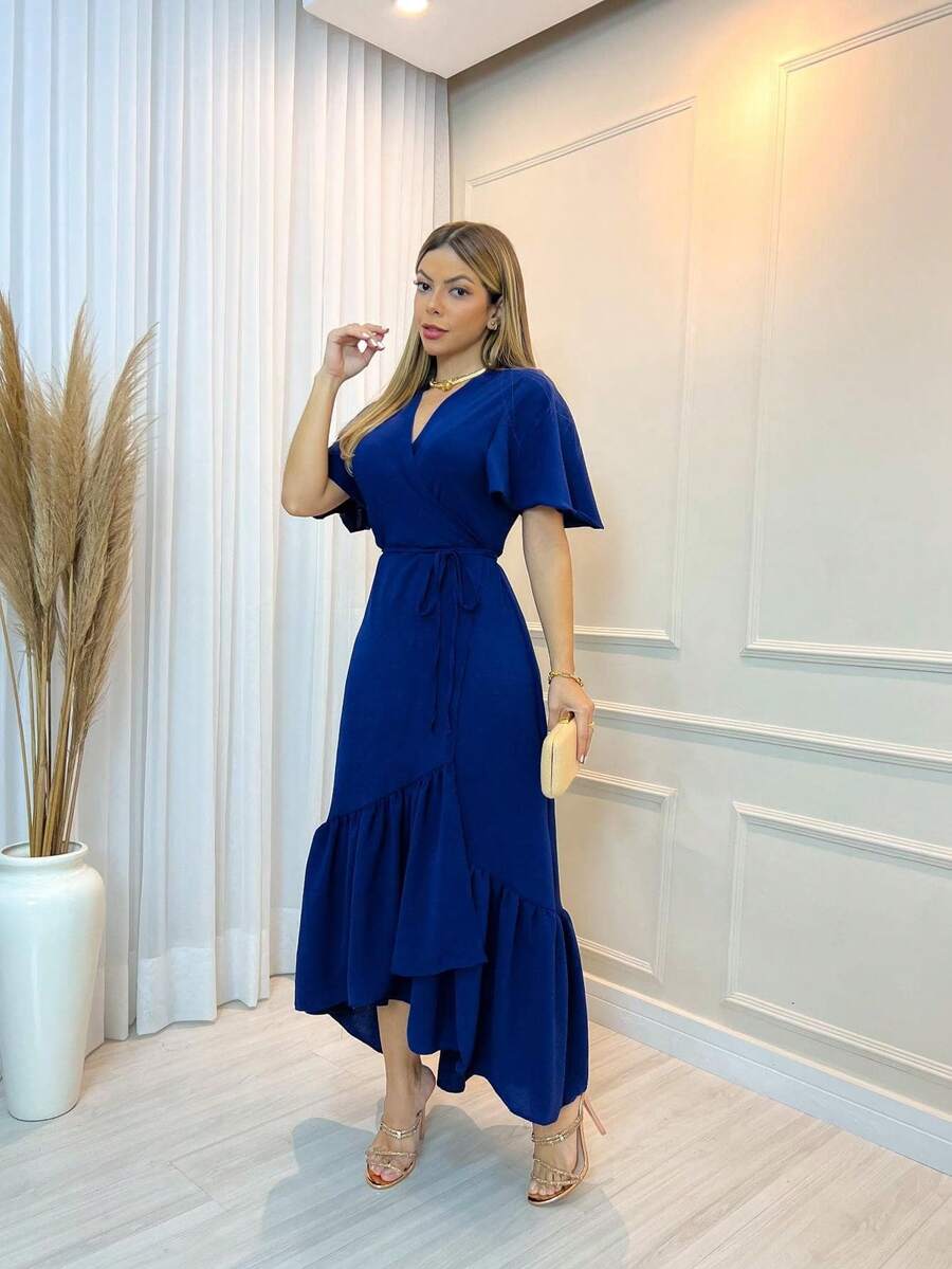 Midi Wrap Dress With Ruffled Flared Sleeves And V-Neck. - Dark Blue - View 1