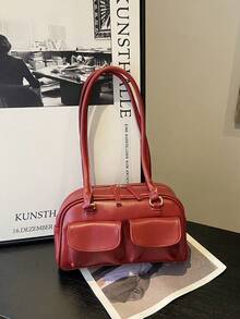 大容量PU手提包，简约时尚女士多口袋单肩包，纯色个性化大容量手提包 - 酒紅色 - 查看 4