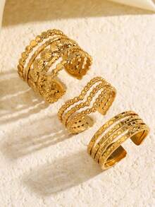 3pcs 18K Gold Plated Stainless Steel Elegant Geometric Bead & Line V-Shaped Adjustable Ring Set, Suitable For Women's Daily, Festival, Party, Date, Gift, Vintage High-End Ring Set