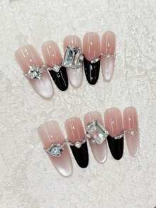 10片装奢华猫眼美甲贴纸，镶嵌黑色水钻和方形钻石，轻盈百搭，适合约会、日常佩戴、音乐会、节日等场合 - 可重复使用的手工美甲贴片，含果冻胶和迷你指甲锉，美甲用品 - 彩色 - 查看 4