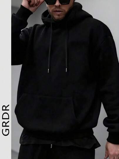 Men's Casual Street Hooded Sweatshirt, Solid Color With Fleece Lining, Loose Fit, Autumn/Winter