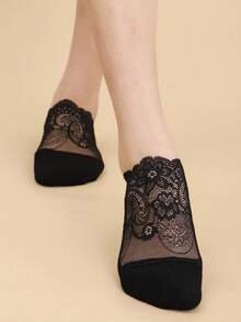 3 Pairs Women Lace Trim Cotton Blend Invisible Liner Socks, Suitable For Daily Wear