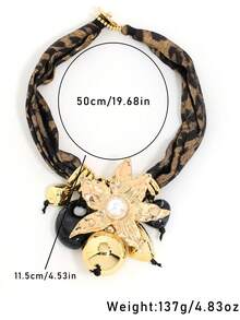 Exaggerated Metal Flower Pendant Leopard Print Silk Scarf Necklace, Niche Design Retro Light Luxury Choker