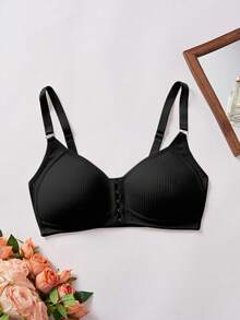 Full Bust Wirefree Bra - Front Hook & Adjustable Straps | Supportive Ribbed Design With Fixed Pads-Engineered For C-E Cups (1 Piece) - Black - View 9