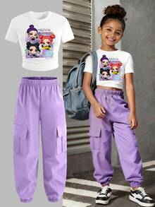 女童卡通印花圆领短袖上衣和工装裤套装 - 白色 - 查看 1
