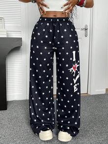 Pantalones de pierna ancha con estampado de estrella americana para mujeres, pantalones casuales de cintura alta estilizantes con estampado de letra LOVE en todo el diseño, para primavera/verano - Negro - Ver 3