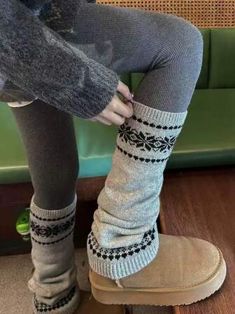 1 par de calentadores de piernas retro con patrón Fairisle, cálidos y versátiles para el otoño/invierno, suaves y cómodos para uso diario casual para mujeres