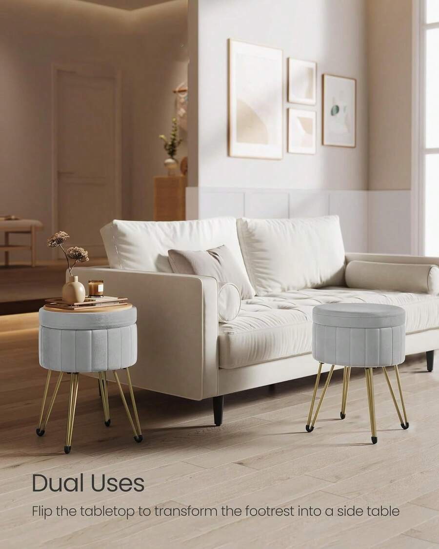 Storage Ottoman, Velvet Dressing Table Stool, 39 X 44.4 Cm (Dia. X H), Round Storage Stool Seat, 4 Metal Legs, For Dressing Room, Living Room, Bedroom, Grey - Grey - View 1