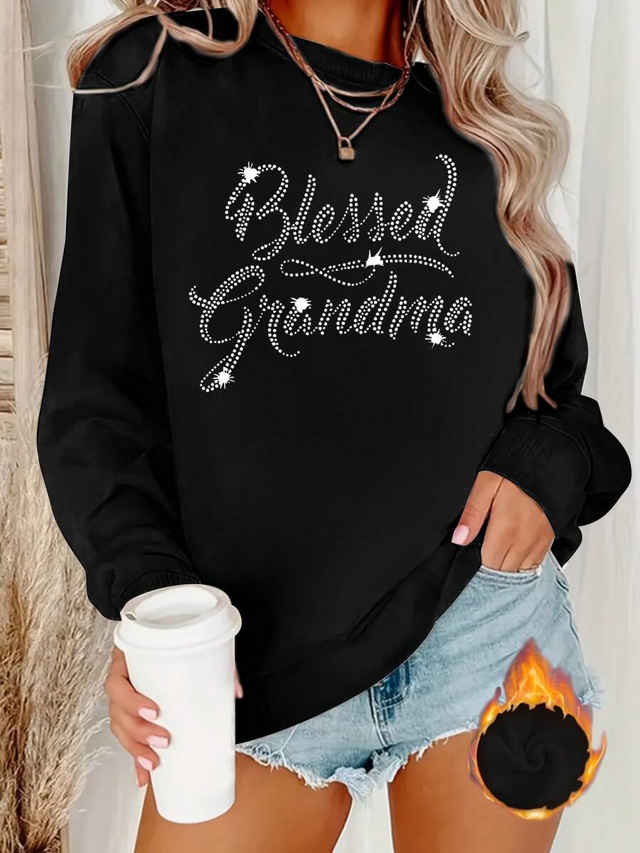 2025 New Sweatshirts " Grandma" Round Neck Sweater With Shiny Letters For Women - 100% Polyester, Dazzling Design And Machine Washable, Ideal For Autumn And Winter Loose And Comfortable - 黑色 - 查看 1