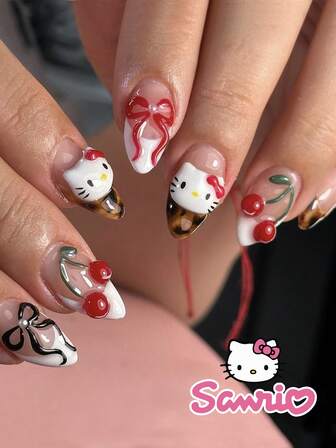 24 piezas de uñas postizas cortas de almendra en estilo Sanrio con lazos rojos, estampado de leopardo, Hello Kitty lindo y detalles 3D de cromo de aleación. Incluye 1 pieza de gel de gelatina y lima. Adecuado para mujeres en uso diario, citas y fiestas.