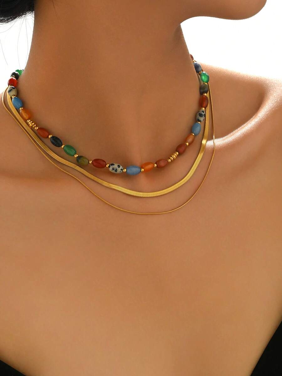 3pcs/Set Bohemian High-End Natural Stone & Stainless Steel Snake Bone Chain Necklace Set, Suitable For Dates, Parties, Vacations - Multicolor - View 1