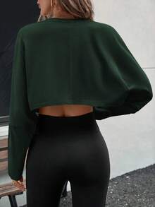 流行欧美时尚女士圆领短款运动衫、休闲运动 T 恤针织套头衫长袖上衣 - 墨綠色 - 查看 4