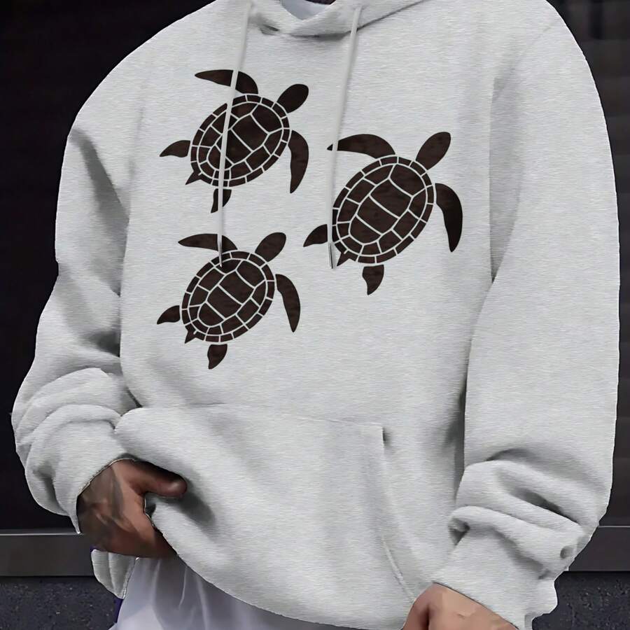 Black Turtle Print Hoodie For Everyday Wear - Grey - View 1