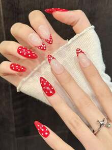 10PCS Almond Handmade Press On Nails For Party And Daily Wear ,Red Nails,Red And White Dot Contrast,Easy To Wear10pcs Y2K Handmade Press On Nails,Suitable For Girls And Women Festivals Parties And Daily Wear - Red and White - View 4