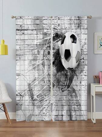 2 piezas Cortina con estampado de tema de fútbol, de poliéster con diseño dinámico de fútbol y pared agrietada, sin agujeros, para dormitorio, oficina, cocina, sala de estar, estudio, decoración del hogar