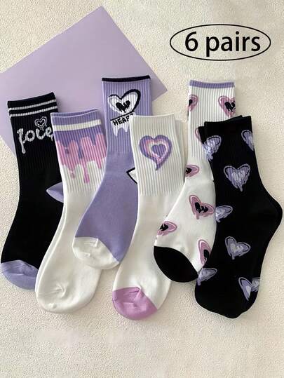 6 pares de calcetines medianos para mujer con patrón de corazón, calcetines gráficos lindos con diseño de amor en morado/negro/blanco, calcetines de canalé suaves y cómodos para uso diario y casual, talla única 36-42