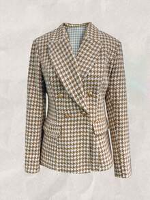 Áo khoác blazer dáng rộng tay dài họa tiết răng sói cài hai hàng khuy thời trang thanh lịch kiểu Pháp dành cho nữ vào mùa thu đông - Màu Khaki - Xem 5