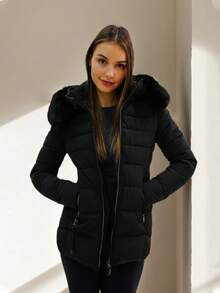 Women's Solid Color Minimalist Hooded Long Sleeve Coat - Black - View 2