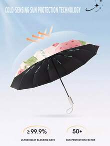 1pc Watercolor Strawberry Automatic Umbrella, Women's Sunscreen UV Protection Folding Parasol, Suitable For Sunny And Rainy Days