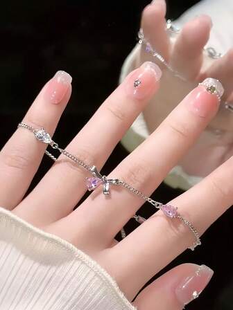 1pc Pink Zirconia Sakura Bow Bracelet, Delicate Luxury Aesthetic Minimalist Style, Suitable For Daily Wear