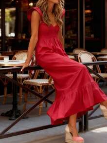 女士春夏连衣裙，红色，时尚休闲，纯色，简约舒适，无肩带设计，优雅短袖连衣裙