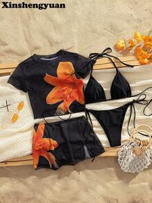 4件套/组，圣诞节、新年、情人节服装，性感优雅显瘦定位印花图案，精细网纱面料短袖上衣，欧美时尚，度假海滩和游泳池，休闲郊游海边派对奢华比基尼套装，可拆卸泳衣胸垫 - 彩色 - 查看 6