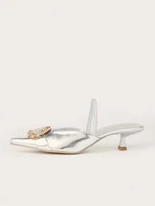 Women's 2025 New Fashion Metal Buckle Elegant Pointed Toe High Heel Pumps,Kitten Heels - Silver - View 4