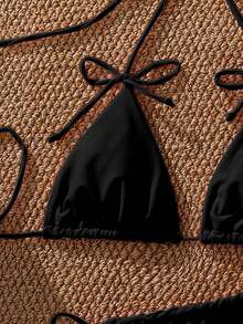 PEPPERMOLLY Nouveau ensemble de bikini avec attache dans le dos et bonnets souples de couleur unie, maillot de bain sexy pour femmes pour l'été et la plage - noir 1 - Voir 5