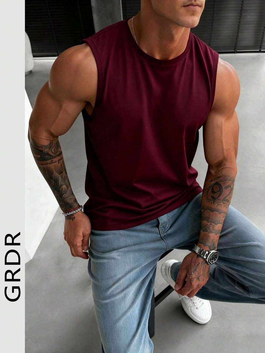 GRDR 男士夏季休闲无袖圆领背心 - 酒紅色 - 查看 1