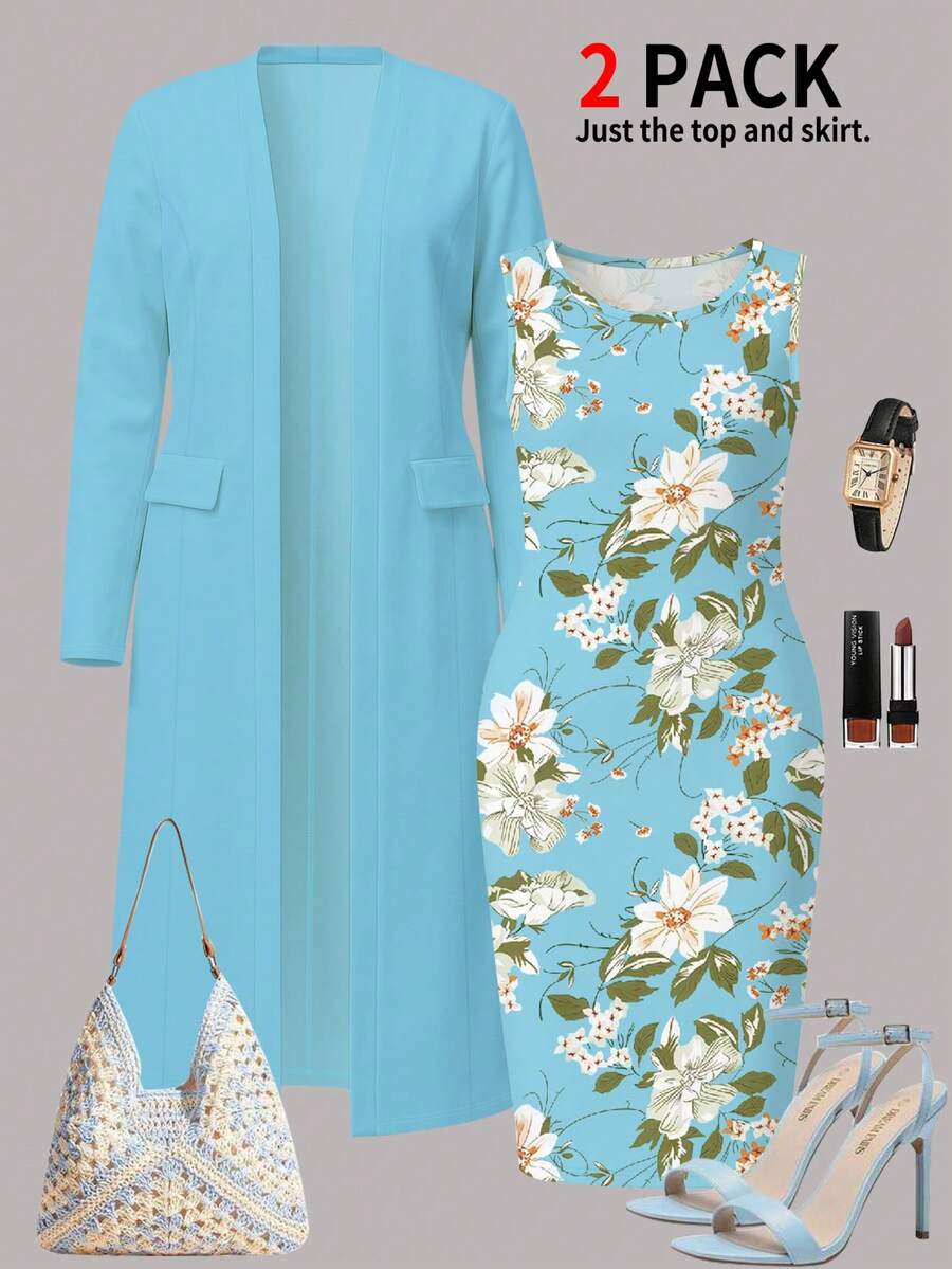 2pcs Plus Size Women's Solid Color Minimalist Faux Pocket Mid-Length Cardigan & Sleeveless Ditsy Floral Dress Set, Elegant & Casual Style, Suitable For Spring To Summer Occasions Like Valentine's Day, Ramadan, Evening Dates, Beach Photos, Vacation, Weddings, Holidays, And Daily Commute - Baby Blue - View 1